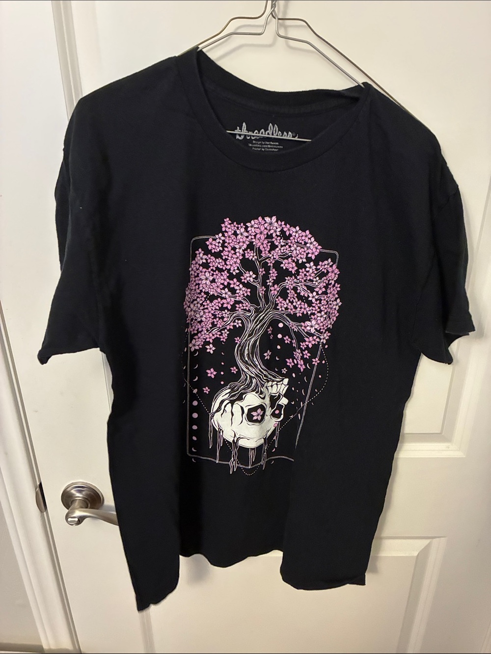 Threadless Black Tee with Pink Blossom Tree Skull Graphic